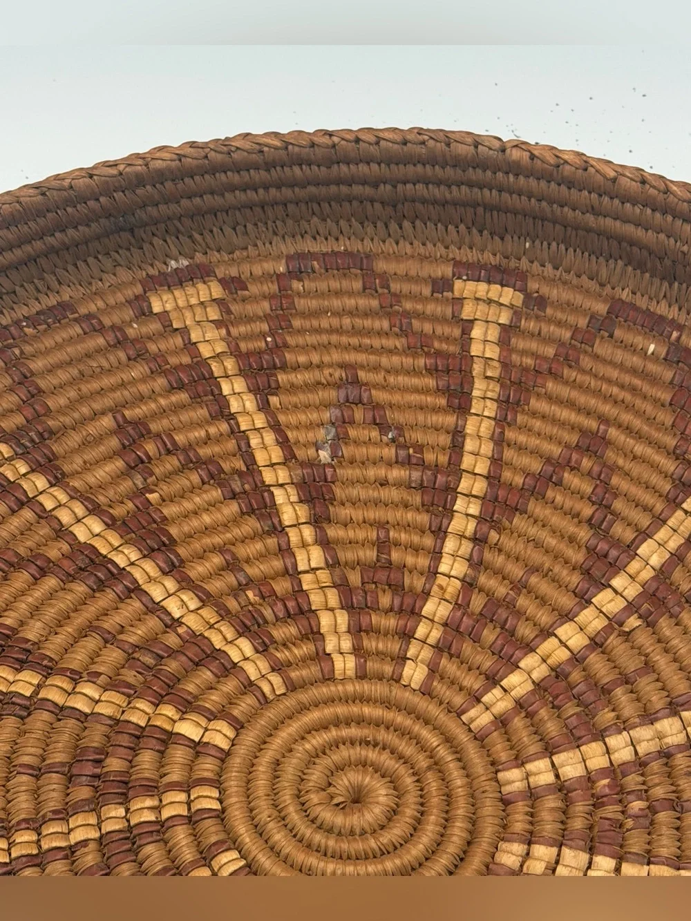 Vintage Hand Coiled Woven Basket Tray With Handles Geometric Boho Decor Brown